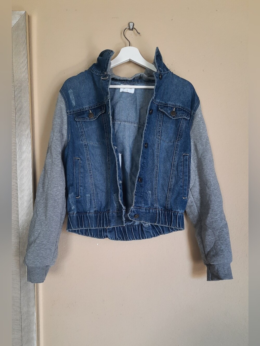 Miss Posh Denim Jacket with Gray Knit Sleeves - With Detachable Hood
